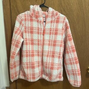 Cozy orange and White Plaid Sherpa Jacket(girl’s size XL, like women size S)